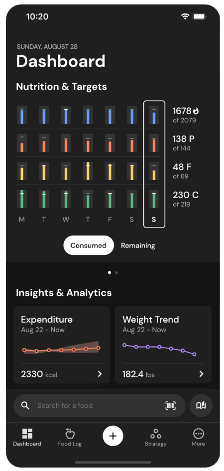 MacroFactor user interface for food tracking